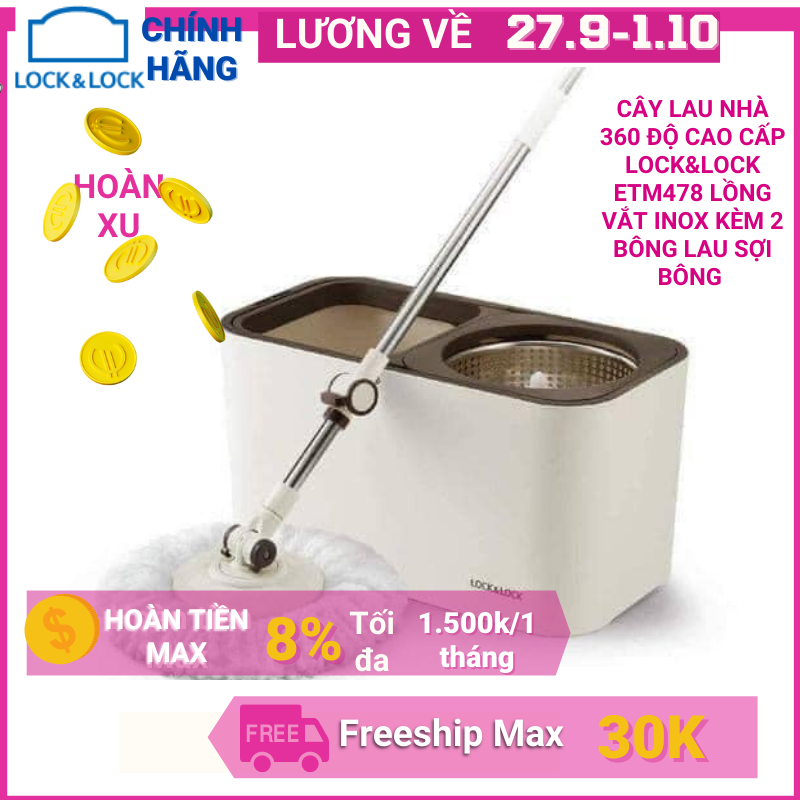 Cây lau nhà 360 độ cao cấp DUAL BUCKET LOCK&LOCK ETM478 lồng vắt inox thép không gỉ  kèm 2 bông lau sợi bông Microfiber
