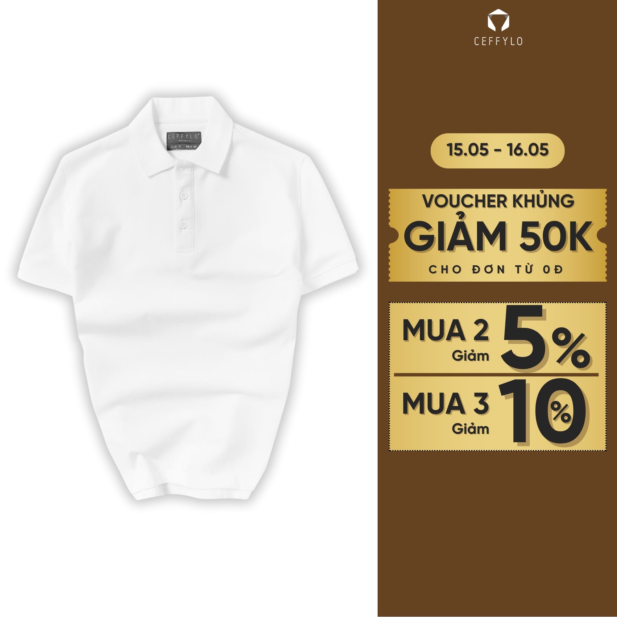 Áo polo nam trơn CEFFLO màu trắng chất cotton thoáng khí hạn chế nhăn mềm mại co giãn hạn chế nhăn thời trang nam