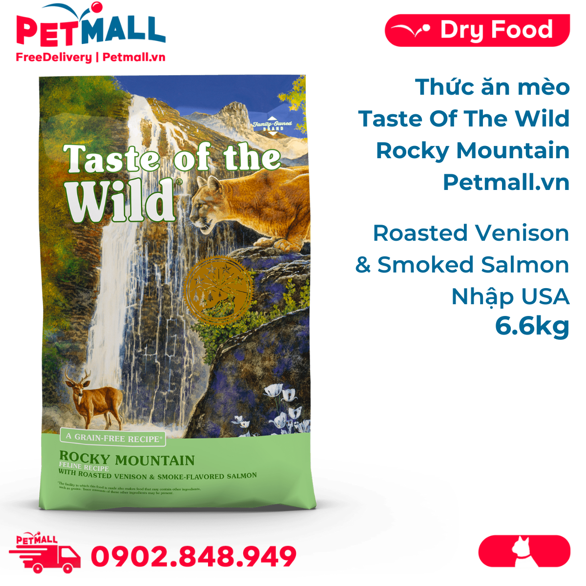 Thức ăn mèo taste of the wild rocky mountain 6.6kg - roasted venison & smoked salmon, nai nướng & cá hồi xông khói - mèo mẹ & mèo con, nhập usa petmall