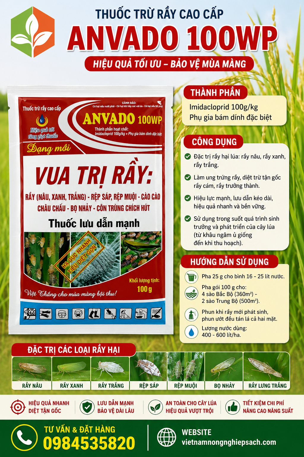 ANVADO 100WP – THUỐC TRỪ BỌ NHẢY, RỆP SÁP, RỆP MUỘI, RẦY LƯNG TRẮNG VITHACO