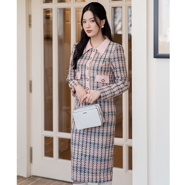 Đầm sát nách dạ tweed dệt kim tuyến đen - Thời trang Kachisa