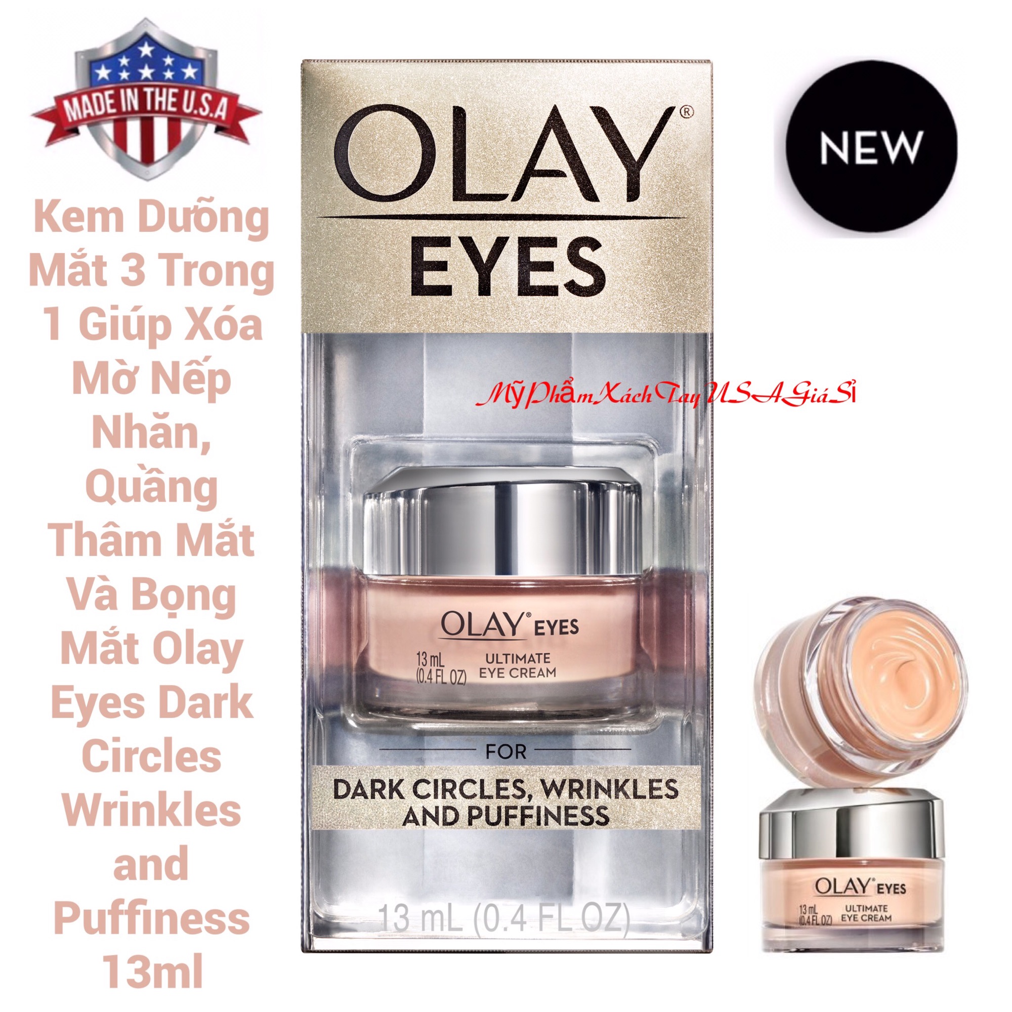 Kem Dưỡng Mắt 3 Trong 1 Giúp Xóa Mờ Nếp Nhăn, Quầng Thâm Mắt Và Bọng MắtOlay Eyes Dark Circles Wrinkles and Puffiness 13ml Hàng USA