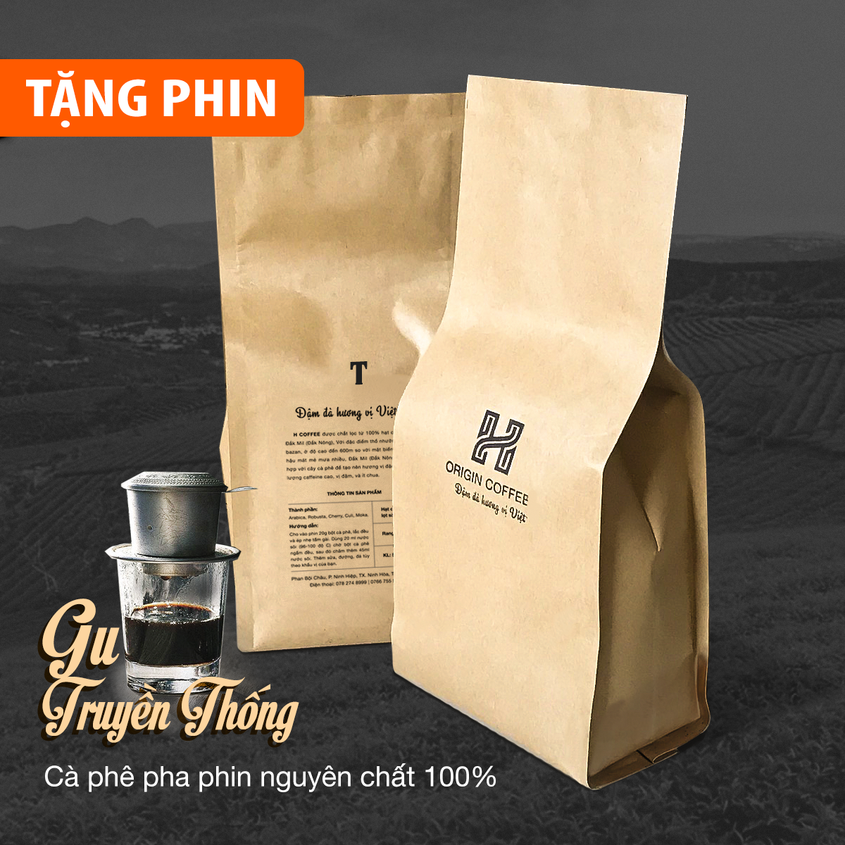 Cà phê rang xay pha phin gu vị Truyền Thống, cafe nguyên chất mộc sạch robusta arabica culi 100% H Origin Coffee, 500g