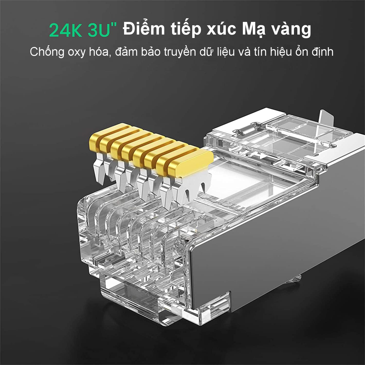 Hạt đầu bấm mạng bọc inox Cat6a Cat7 thiết kế đuôi kẹp cố định vào cáp, tốc độ 10Gbps UGREEN 70316 Hạt đầu bấm mạng bọc inox Cat6a Cat7 thiết kế đuôi kẹp cố định vào cáp, tốc độ 10Gbps UGREEN 70316