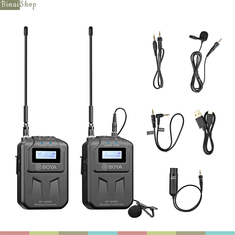 Boya by-wm6s - micro thu âm không dây cho điện thoại máy ảnh máy quay 48 kênh sóng uhf phạm vi hoạt động 70m