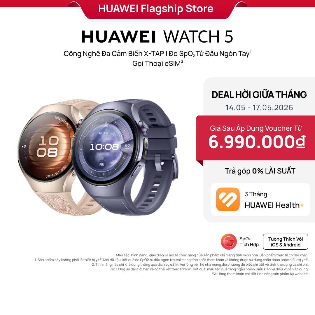 Đồng Hồ Thông Minh | HUAWEI WATCH 5 | Công Nghệ Đa Cảm Biến X-TAP | Đo  SpO2 Từ Đầu Ngón Tay | Gọi Thoại eSIM