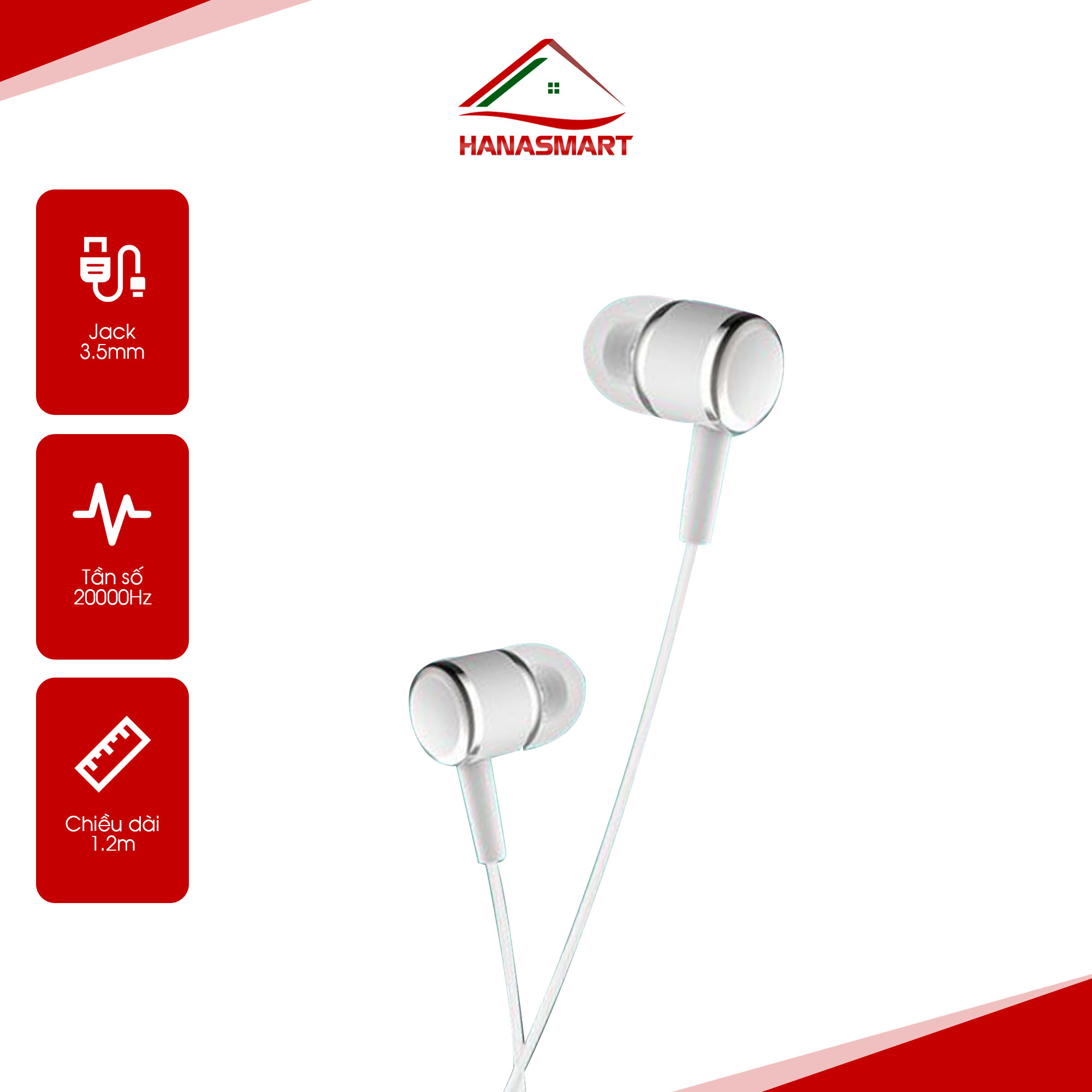Tai nghe có dây nhét tai Earldom E28 chính hãng HS08 tai nghe dây dài 120cm jack cắm 3.5, chống ồn tích hợp micro và điều khiển âm lượng - HANA SMART