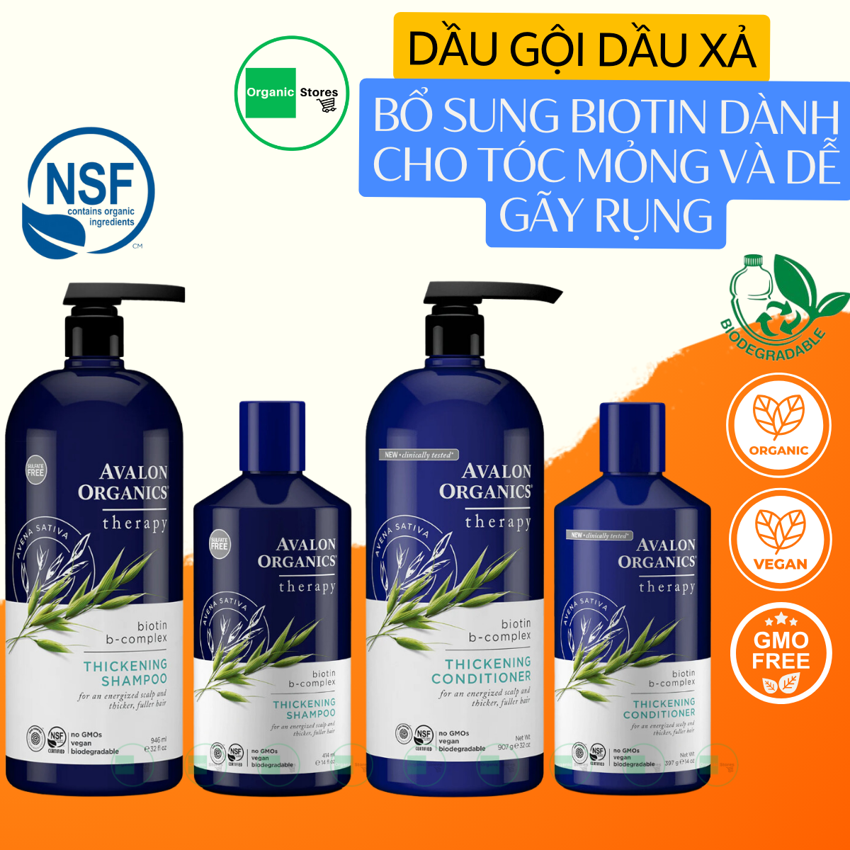 Dầu gội dầu xả hữu cơ bổ sung Biotin dành cho tóc mỏng và dễ gãy rụng - Avalon Organics