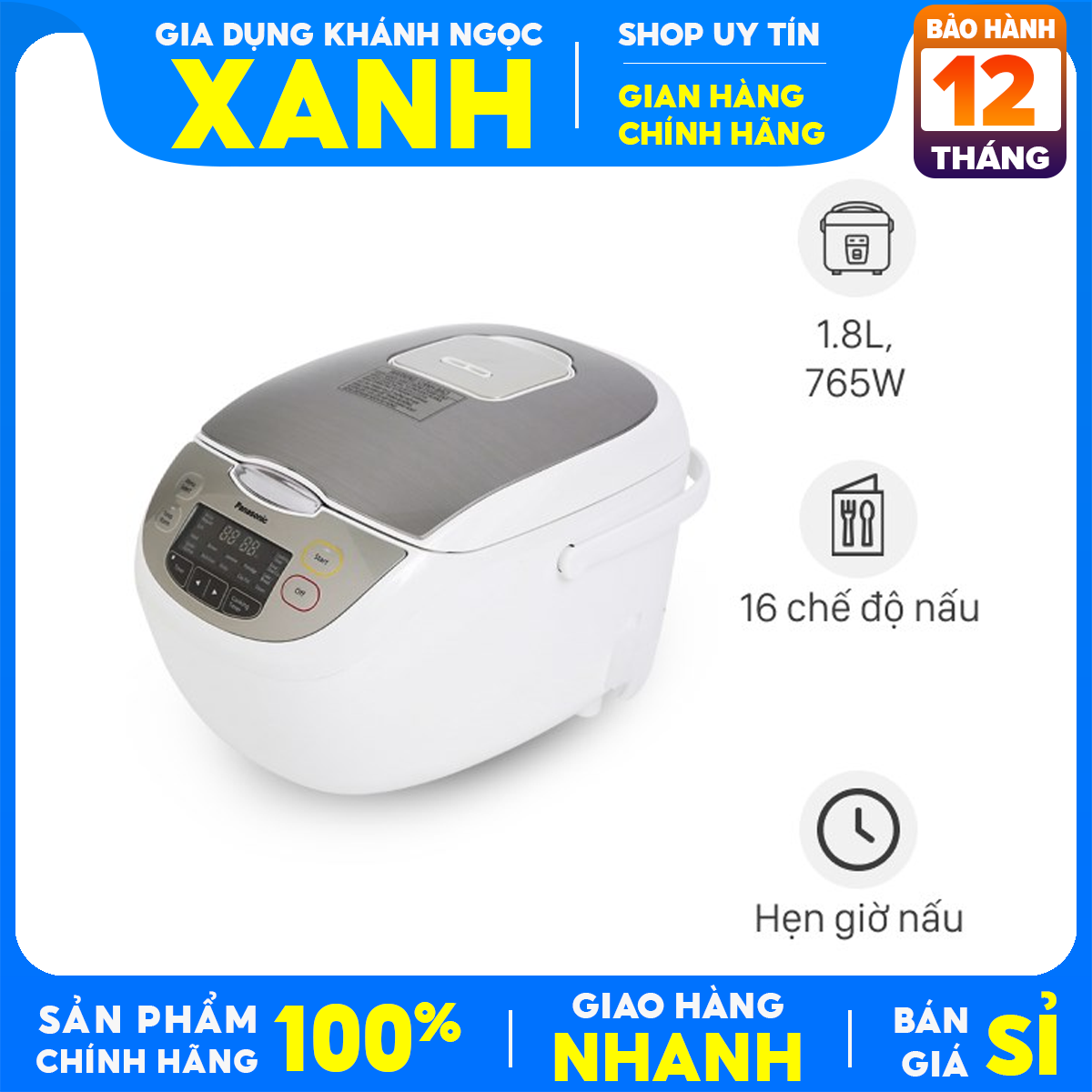 Nồi Cơm Điện Tử Panasonic 1.8 lít SR-CP188NRAM Công suất 765 W Lòng nồi dày 4 mm chống dính,sản xuất tại Malaysia