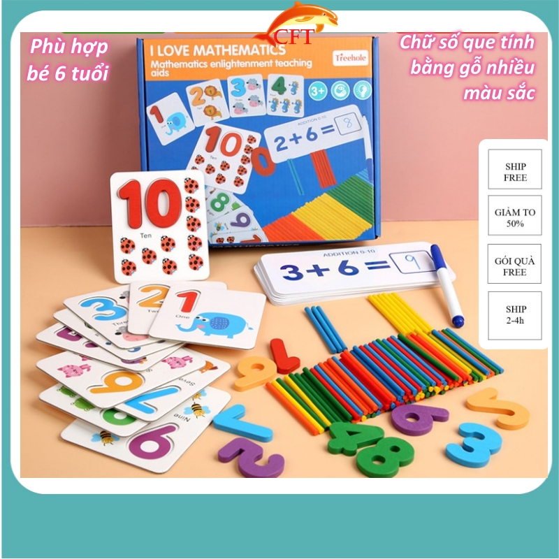 Đồ chơi cho bé Bộ Thẻ Học Toán Montessori Chữ Số Bằng Gỗ Kèm Que Tính Màu Sắc Tươi Sáng Giúp Bé Học Đếm Làm Toán Vừa Học Vừa Chơi