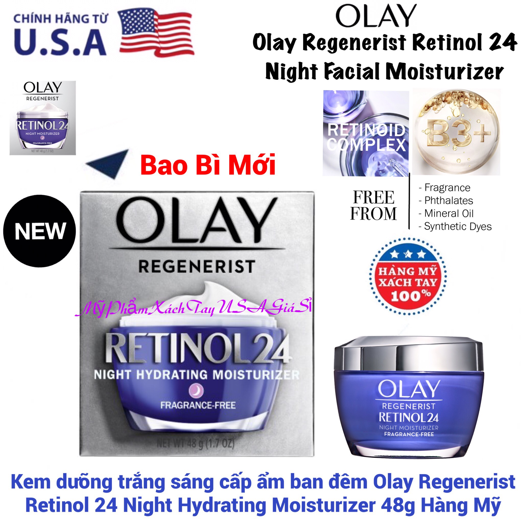 Kem dưỡng cấp ẩm trắng sáng da ban đêm Olay Retinol24 Night Cream Hàng USA