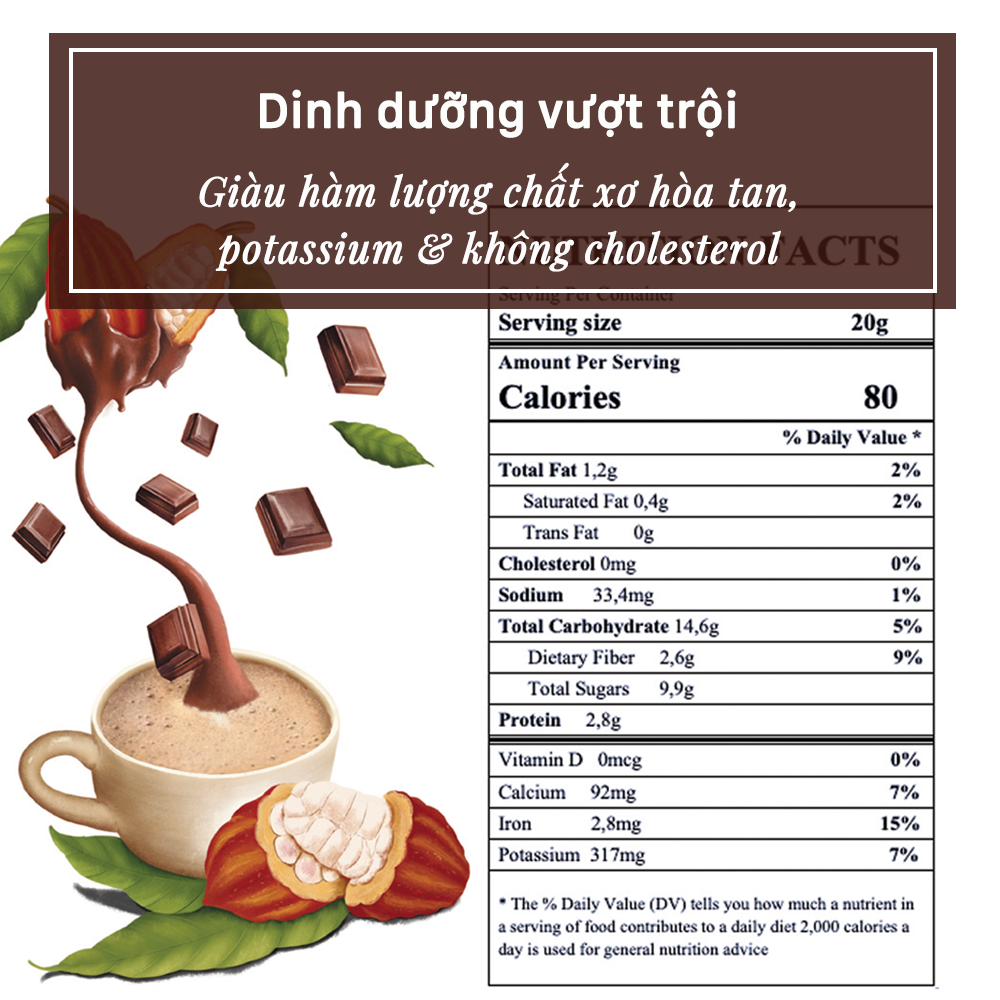bột cacao sữa heyday không cholesterone - gói tiện lợi 20g - đậm vị socola nguyên bản - không dùng hương liệu - heyday cacao 2