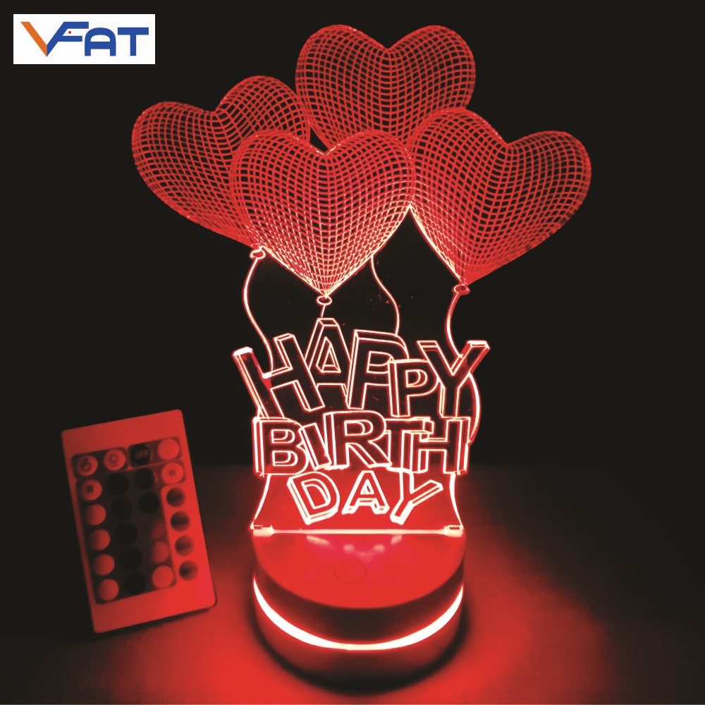 Bóng bay Happy birthday, quà sinh nhật, Đèn, Đèn 3D led, Đèn ngủ thay đổi 16 màu, Đèn trang trí nhà cửa, bàn làm việc