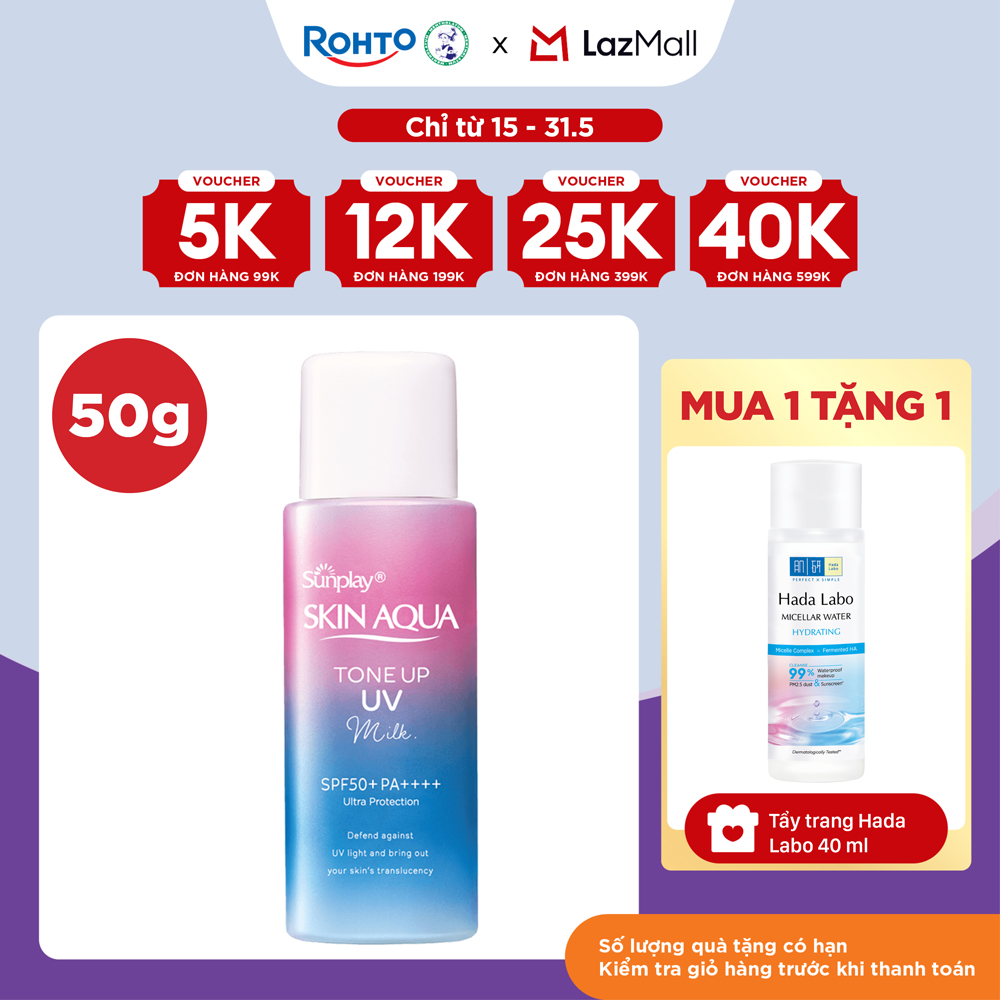 Kem chống nắng nâng tông Skin Aqua Tone up Lavender cho da tối màu  da vàng, dạng  sữa Sunplay Skin Aqua Tone Up UV Milk Lavender SPF 50+ PA++++ 50g