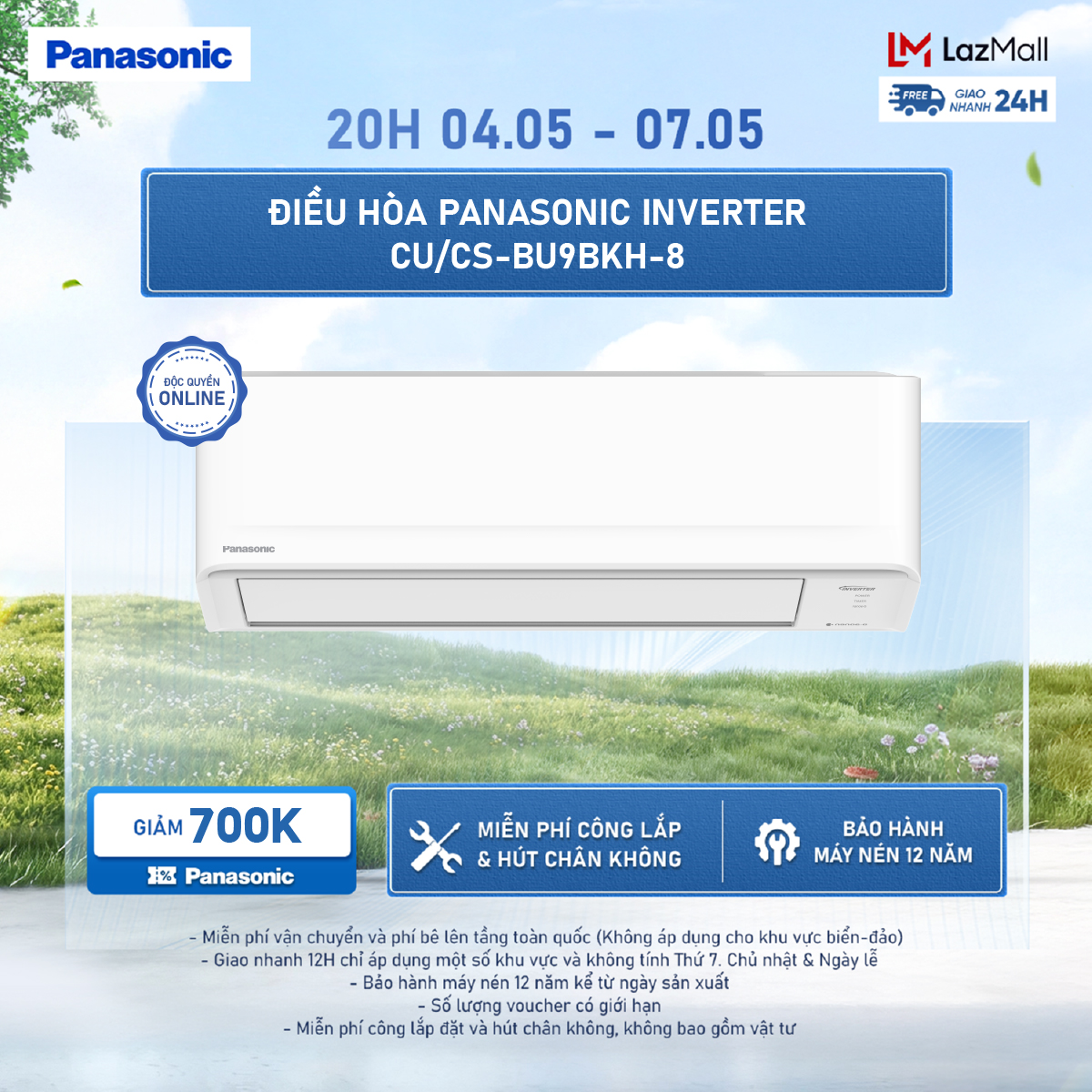 Điều hòa Panasonic Inverter CU/CS-BU9BKH-8 - 1HP - Một chiều - Lọc sạch không khí nanoeG - Tiết kiệm điện AI ECO