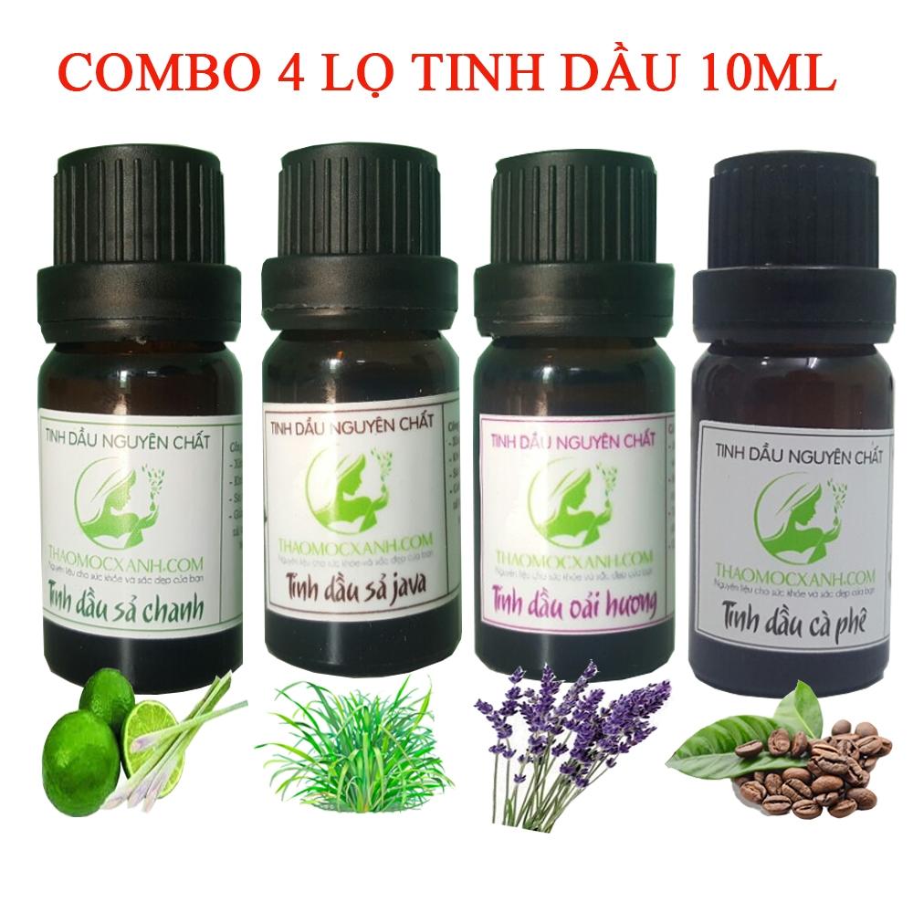 Combo 4 lọ tinh dầu 10 ml :sả chanh,sả java,oải hương,cà phê - thảo mộc xanh