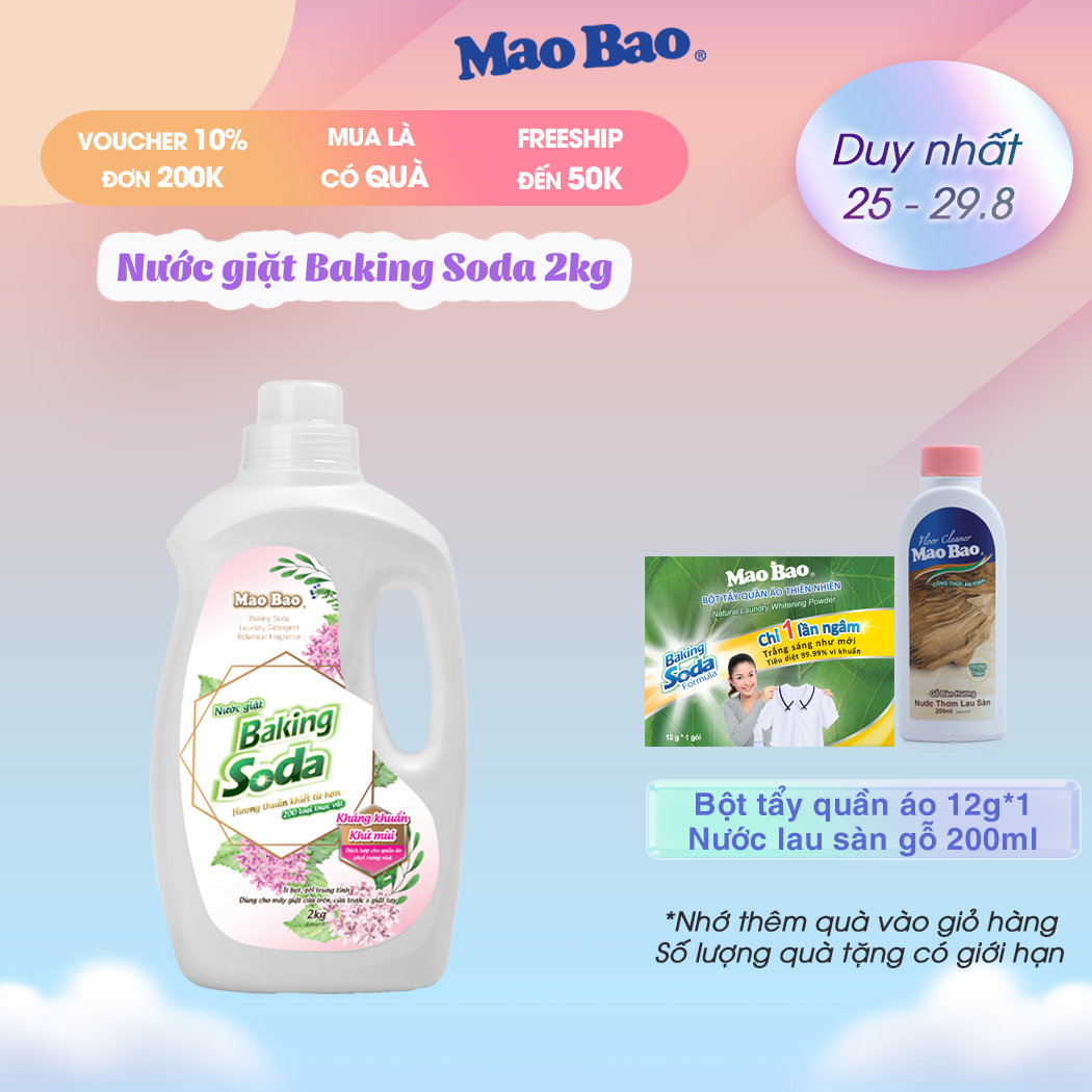 Nước giặt khử mùi Baking soda Mao Bao 2Kg cho da nhạy cảm, ít bọt dễ giặt xả, dùng cho cửa trên và cửa trước