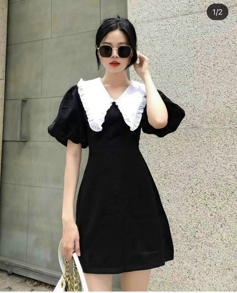 Đầm đen cổ bèo trắng n039