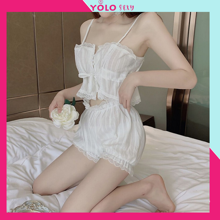 Bộ đồ ngủ nữ gợi cảm hai dây màu trắng thô đũi - đồ ngủ sexy nữ