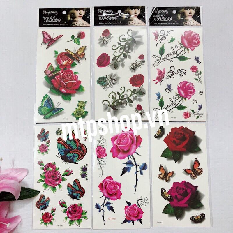 [HCM]Combo 6 tấm hình xăm dán temporary tattoo 10x20cm hoa hồng tuyệt đẹp MT-065 (Một tấm gồm nhiều hình. Mua 2 combo tặng bắp tay mini 10x20cm