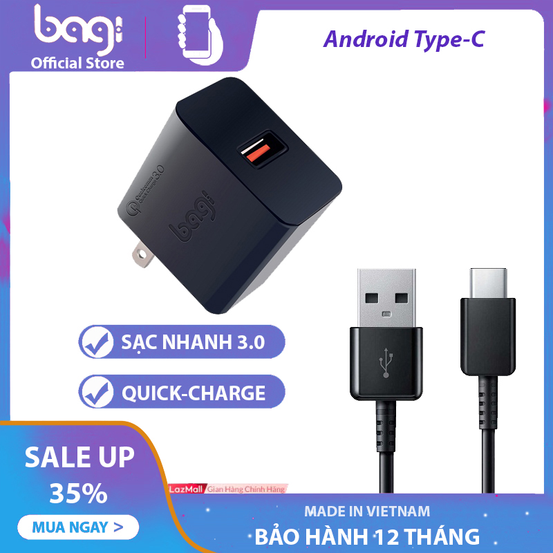Combo sạc nhanh củ sạc quick charge bagi 3.0 và dây sạc type-c màu đen đạt tiêu chuân châu âu cao cấp-bagi boss store