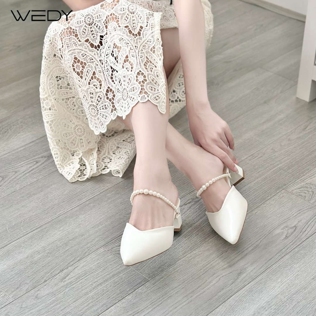 Giày Cao Gót nữ WEDY-WD2307 tiểu thư giày sục cao gót ngọc trai mũi nhọn gót vuông 5 Phân giày nữ cao gót đẹp sang chảnh 2023