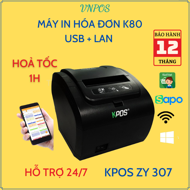 Máy in hóa đơn bán hàng zy307 khổ giấy k80 kết nối usb lan wifi in từ điện thoại cho cửa hàng, siêu thị, thời trang...