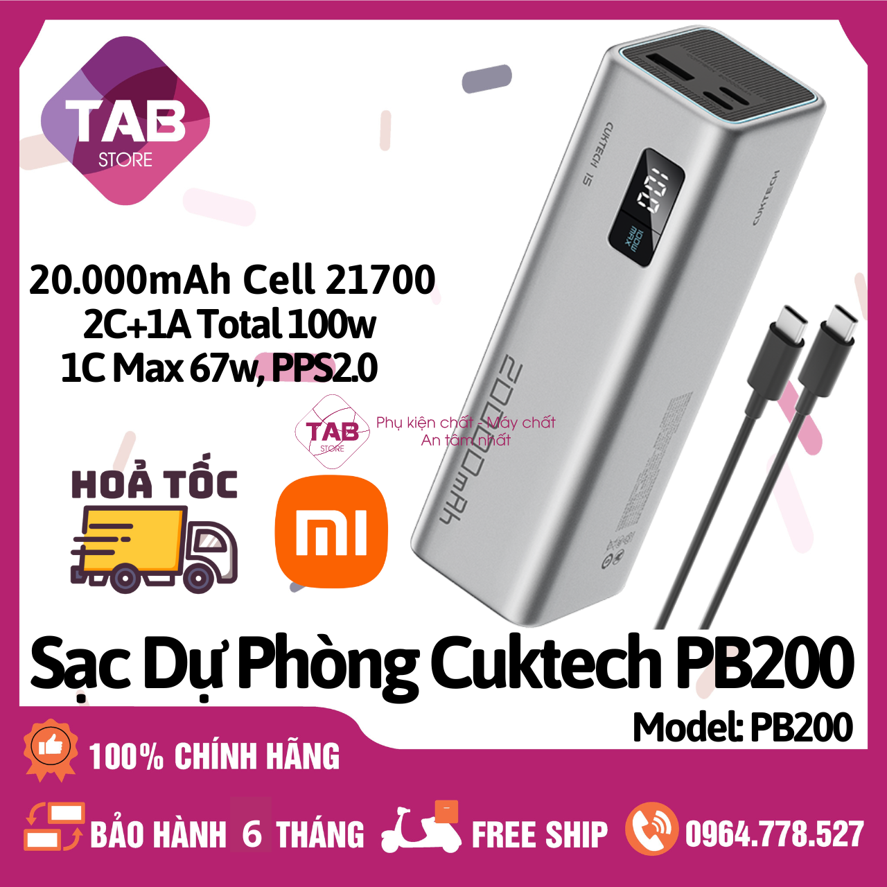 Sạc Dự Phòng Cuktech PB200 20000mAh 2C1A 100W PPS5A QC Mi Turbro - Chính Hãng