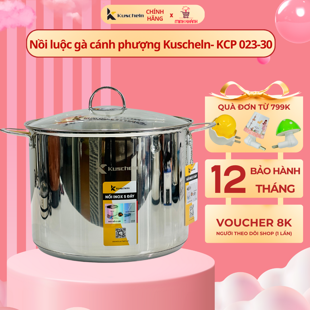 Nồi luộc gà bếp từ 5 đáy KUSCHELN inox 304 size 30cm, cao 23,5cm tiêu chuẩn Đức giữ nhiệt, giữ lại vitamin - Chính hãng