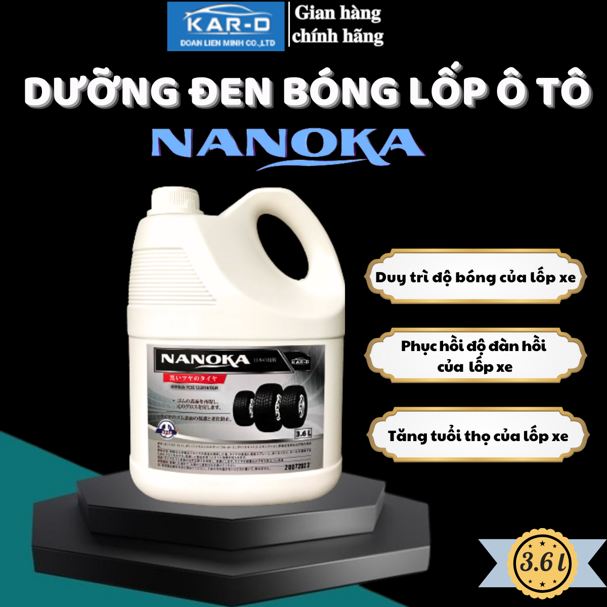 Bóng lốp 3,6L - Dung dịch phục hồi làm bóng lốp, chăm sóc lốp xe, phục hồi nhựa nhám lốp ô tô, xe máy Nanoka 3,6L