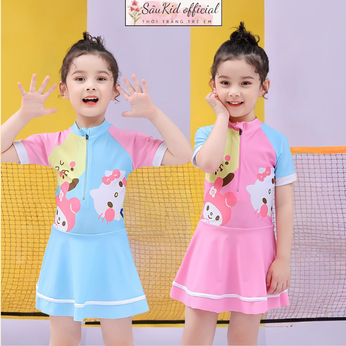 Đồ bơi bé gái váy liền thân kèm nón hoạ tiết đáng yêu cho bé