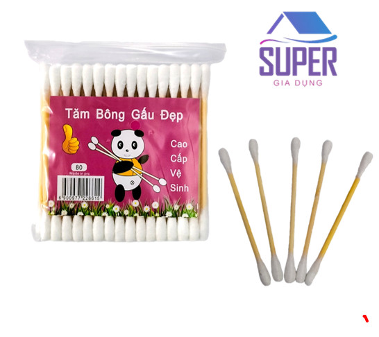 Gói 80 tăm bông cán gỗ tiện lợi - tăm bông gấu