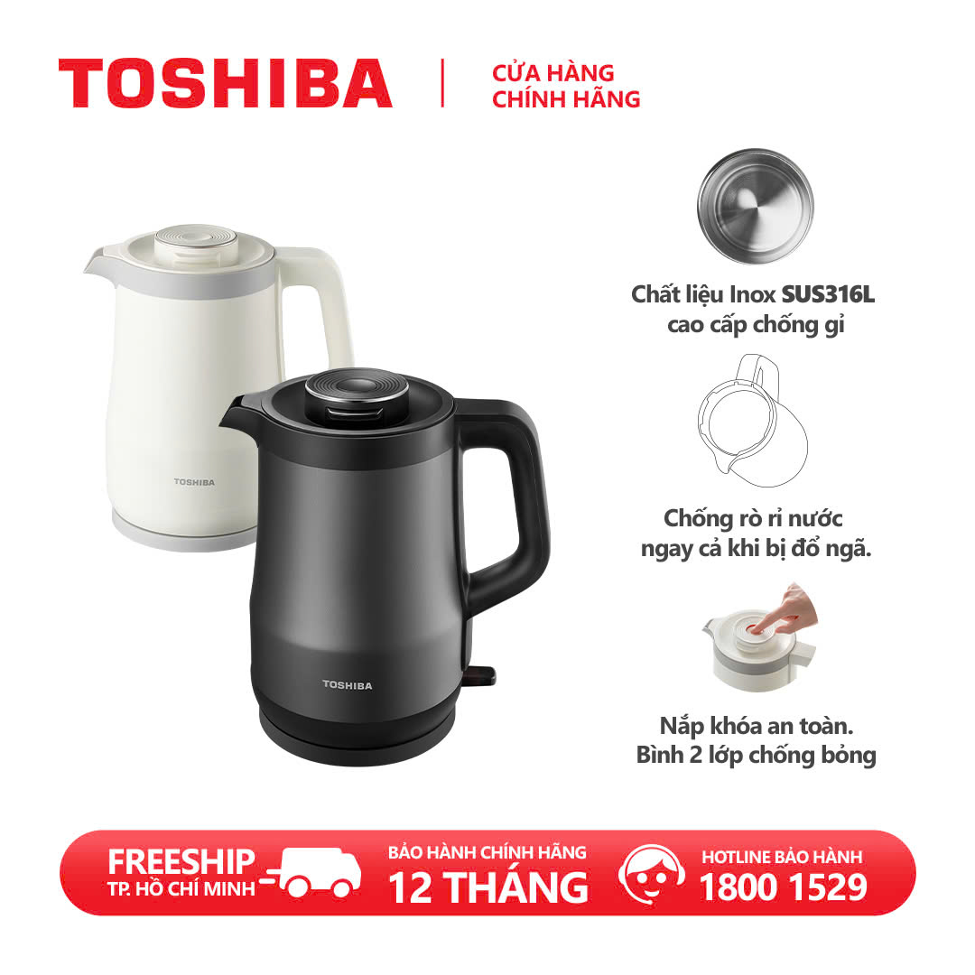 Ấm đun siêu tốc chống tràn Toshiba KT-15DRTVN - 1.5L - Inox SUS 316L - Hàng chính hãng, bảo hành 12 tháng, chất lượng Nhật Bản