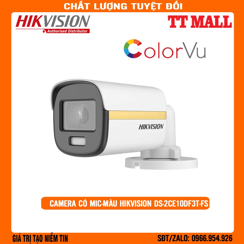 Camera tích hợp mic - đêm có màu - hdtvi colorvu 2mp thân trụ hikvision ds-2ce10df3t-fs - hàng bảo hành 2 năm