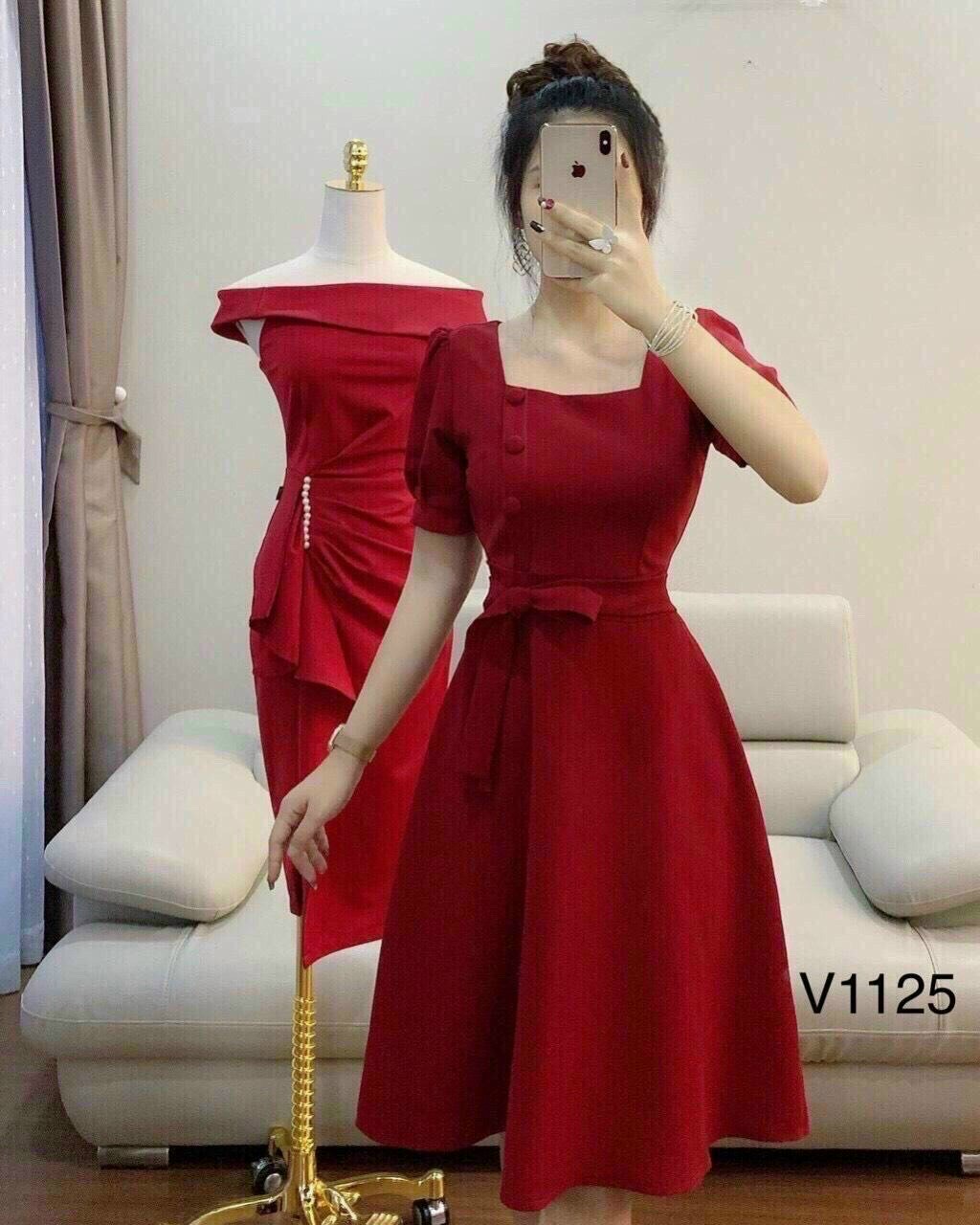 Đầm cổ vuông nơ eo đính nút