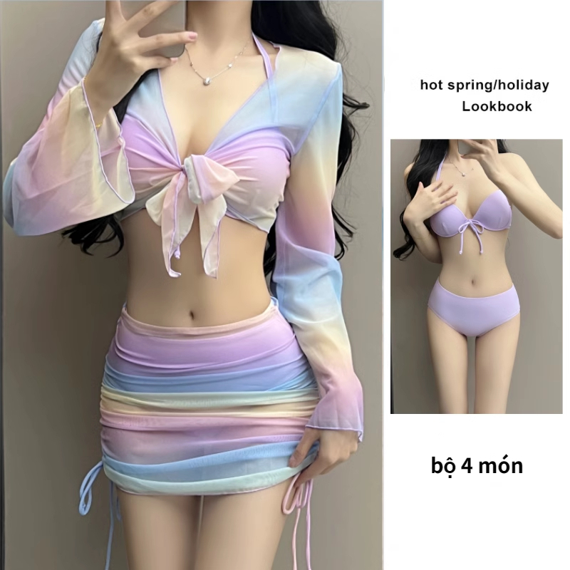 Bộ Đồ Bơi Bikini Bốn Mảnh Màu Sắc Kẹo Ngọt Thời Trang Mùa Xuân Quyến Rũ Cho Nữ