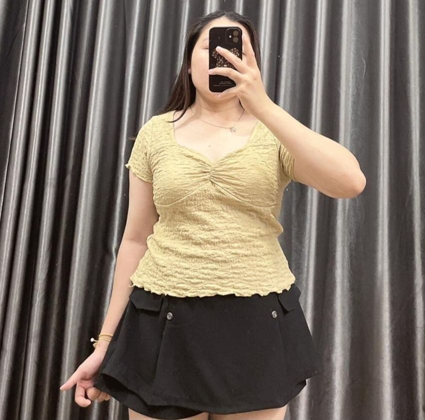 Áo thun kiểu bigsize cổ nữ hoàng cộc tay Áo kiểu oversize vải xốp nhăn dáng ôm ngắn tay ngắn XOP6