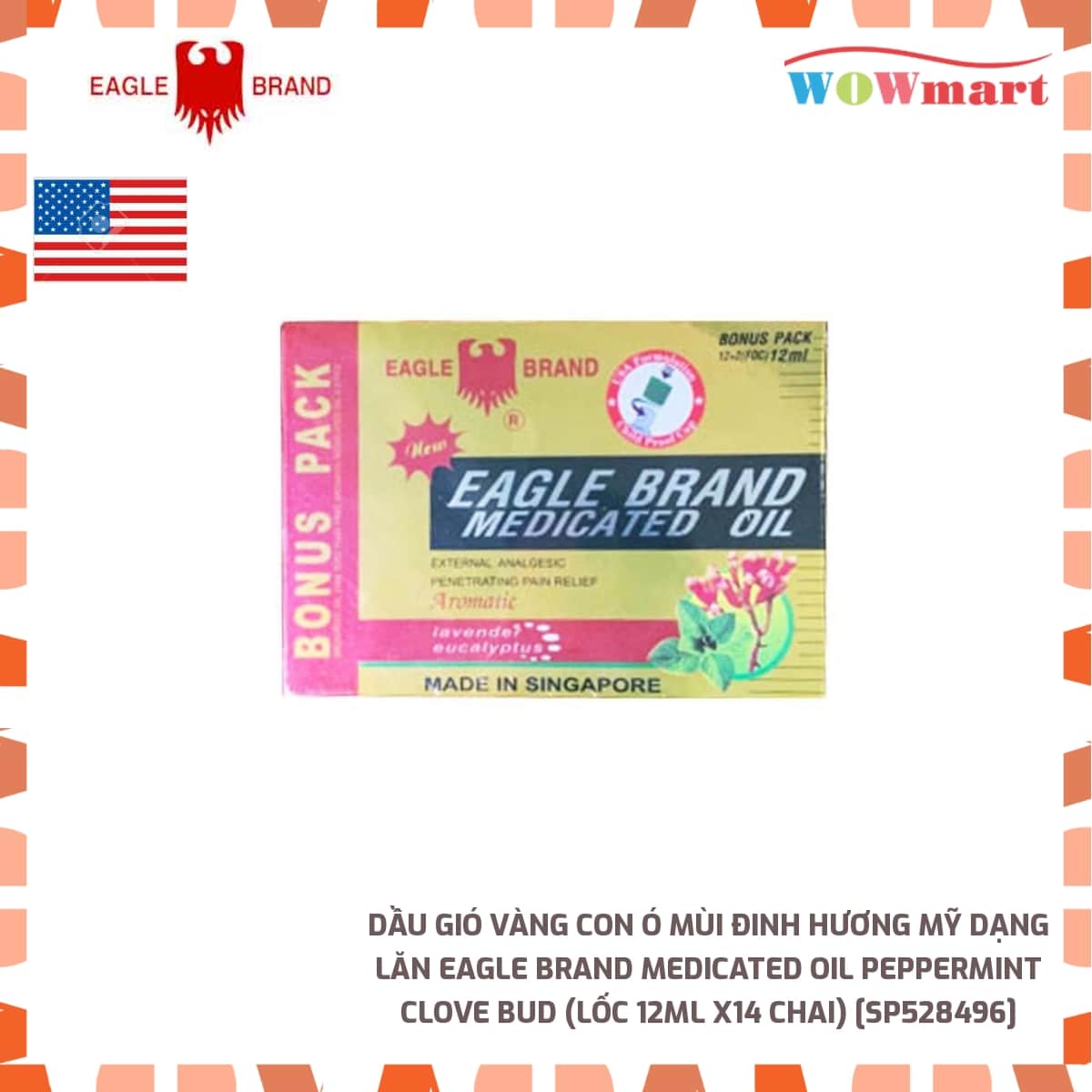 Dầu gió Vàng Con Ó mùi Đinh Hương Mỹ dạng lăn Eagle Brand Medicated Oil Peppermint Clove Bud (Lốc 12ml x14 chai)