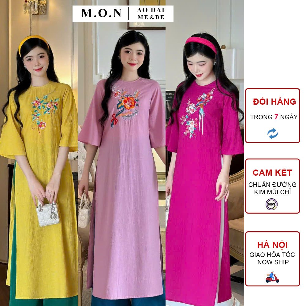 Set áo dài nữ chi mai tơ tằm thêu hoa 3 màu