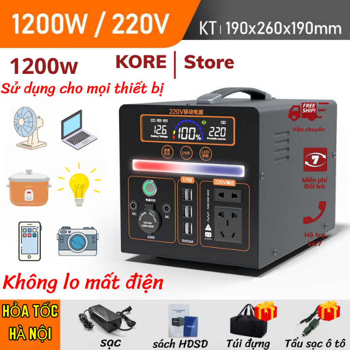 Trạm tích điện di động KORE công suất 1200W dung lượng 1000000mAh Máy Sạc điện mini dùng cho công việc du lịch