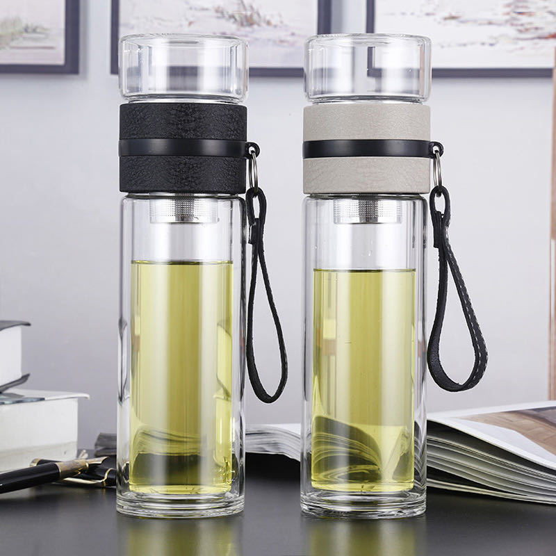 [HCM]Bình thủy tinh 2 lớp có lọc trà 500ml - Cốc chịu nhiệt có nắp lọc tách trà dung tích lớn chống bỏng di động dày hai lớp