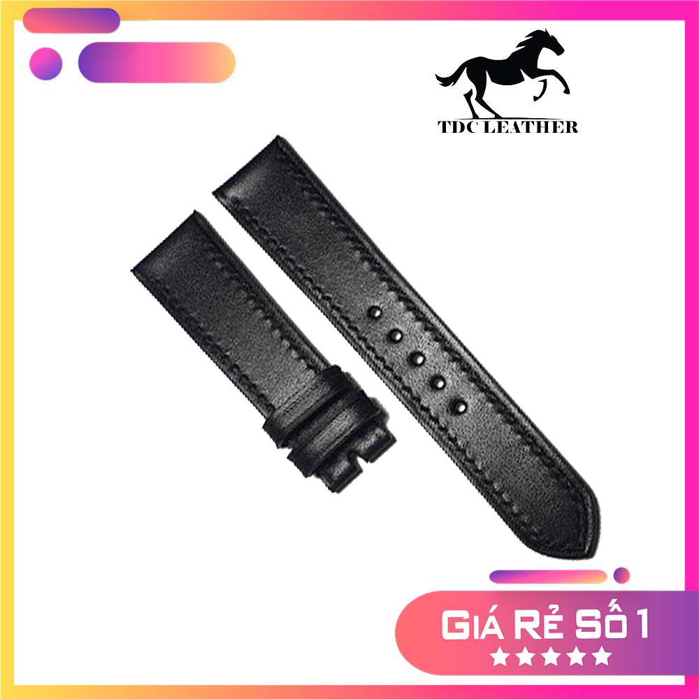 Dây da đồng hồ cao cấp HANDMADE 006 - Dây da Bò thật 100%, Loại không độn, Khâu tay thủ công, 2 đỉa - Màu đen (Black) – Đủ Size - Hàng chất lượng cao