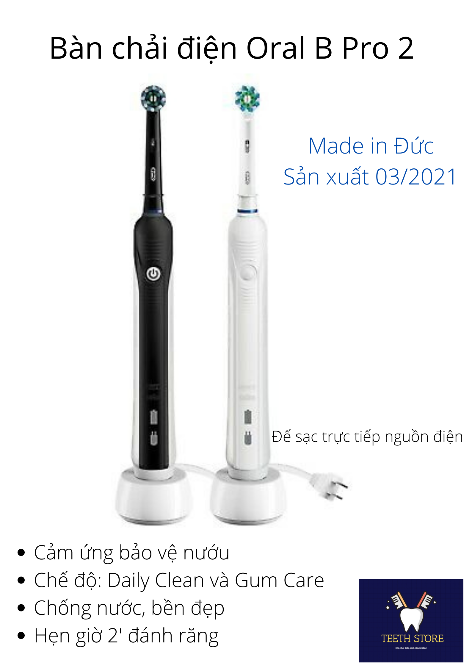 Bàn Chải Răng Chạy Điện Oral B Pro 2000 Chống Nước Đầu Xoay Tròn Đánh Răng Tự Động Bảo Vệ Răng Nướu Nhạy Cảm - Hàng Đức 2021