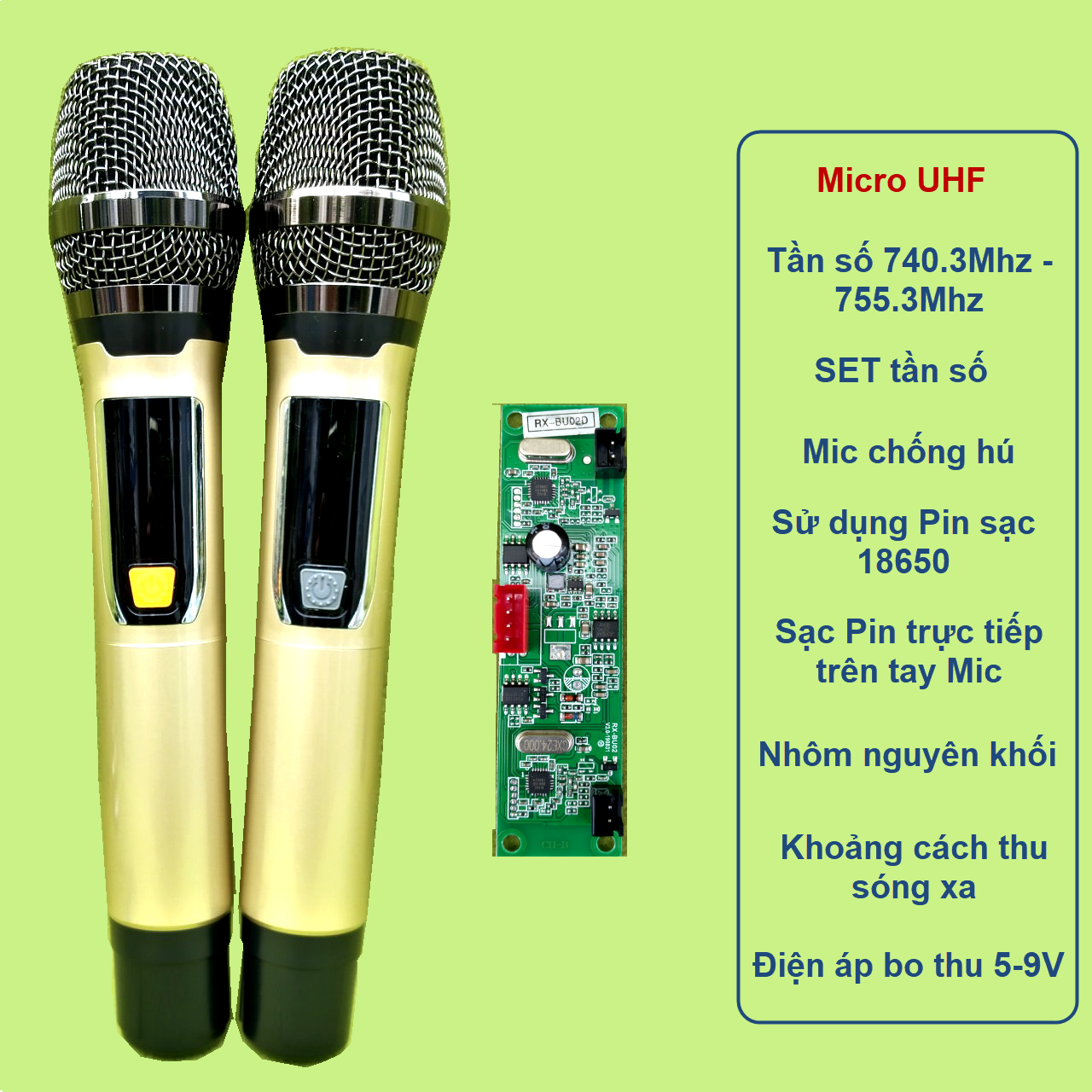 Micro không dây loa kéo UHF dùng Pin 18650 có chống hú nhôm nguyên khối