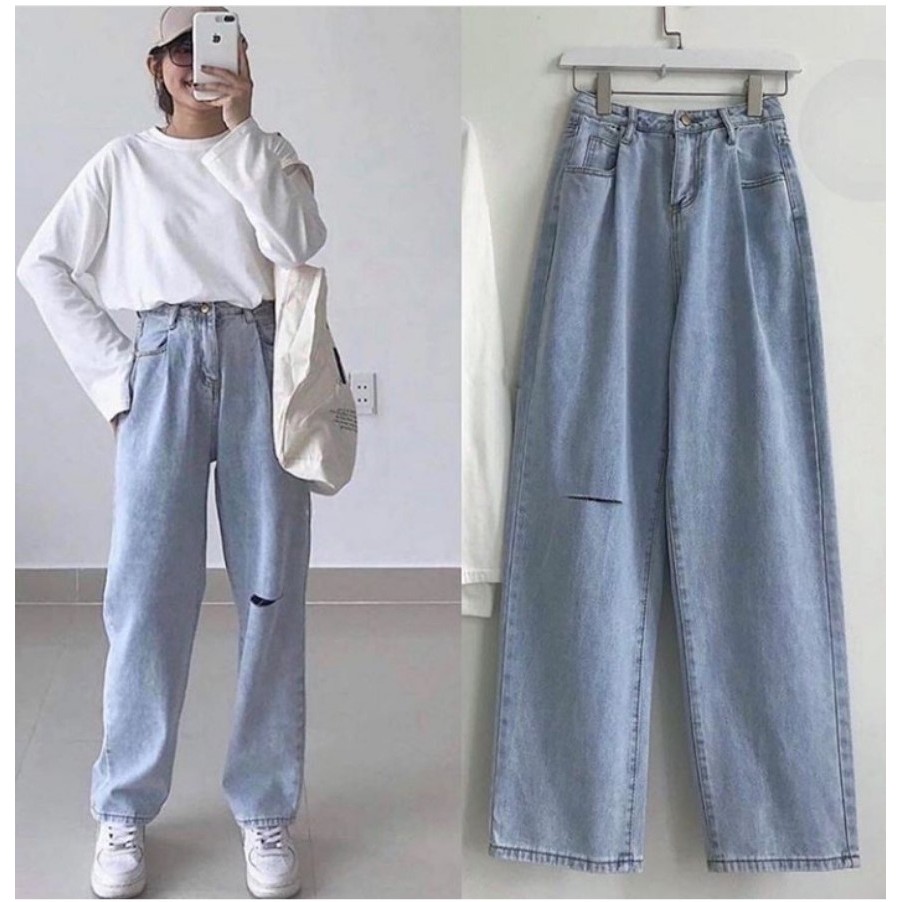 ( ẢNH THẬT) QUẦN BAGGY JEAN, QUẦN BAGGY BÒ ỐNG RỘNG CẠP CAO DÁNG DÀI RÁCH 1 VẠCH 3100 THỜI TRANG NỮ CỰC CHẤT, PHUONGMART
