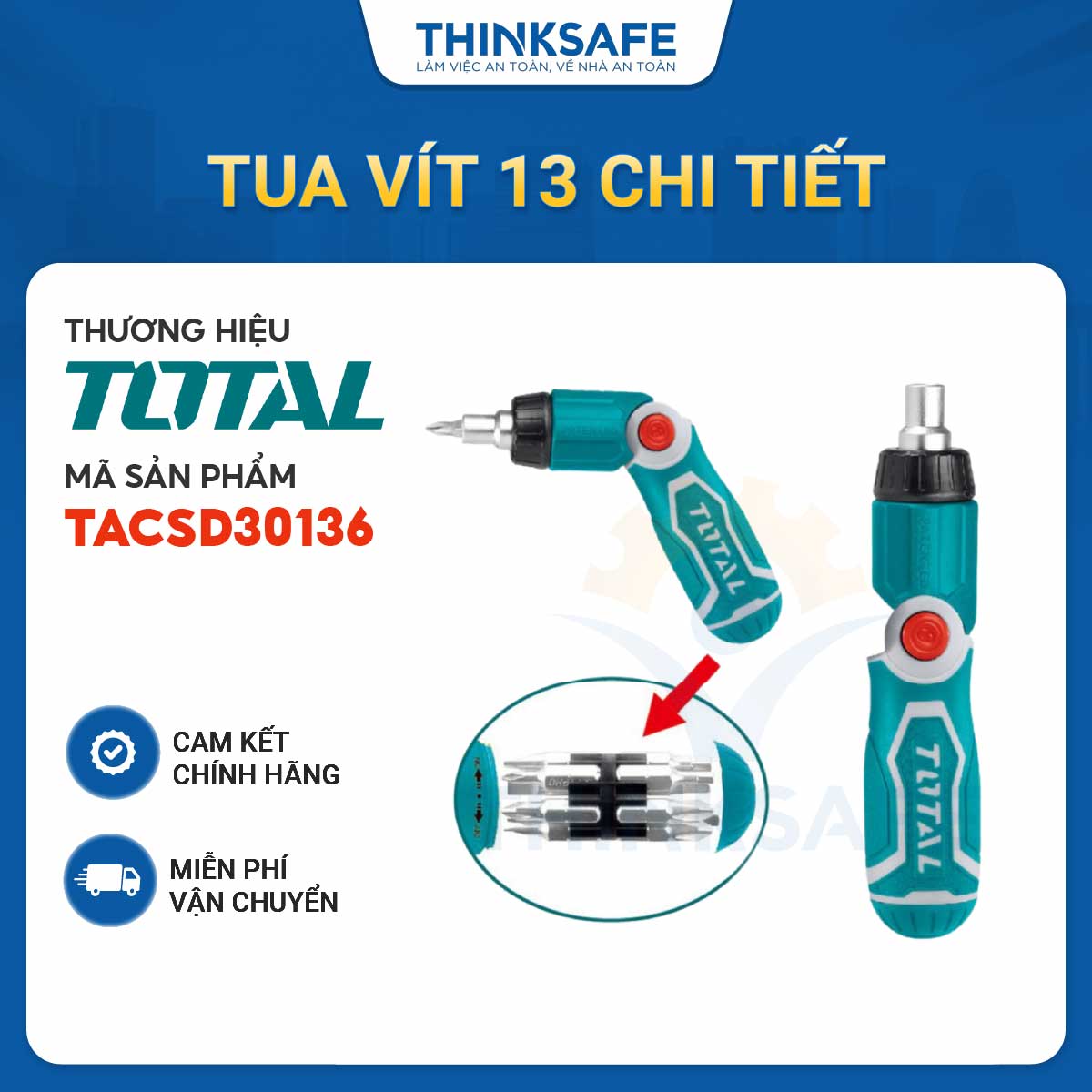 Tua vít đa năng tự động 13 chi tiết Total TACSD30136 thép CrV không gỉ tay cầm gập Bộ tua vít - Thinksafe