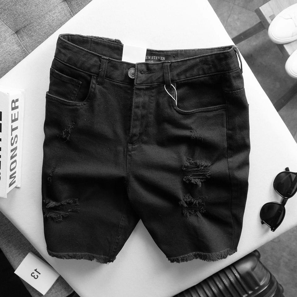Quần short jean nam thời trang cao cấp đen trắng rách phong cách hàn quốc