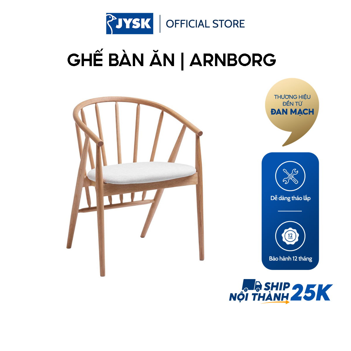 Ghế bàn ăn JYSK Arnborg gỗ sồi/vải polyester màu sồi/kem R56xS58xC78cm