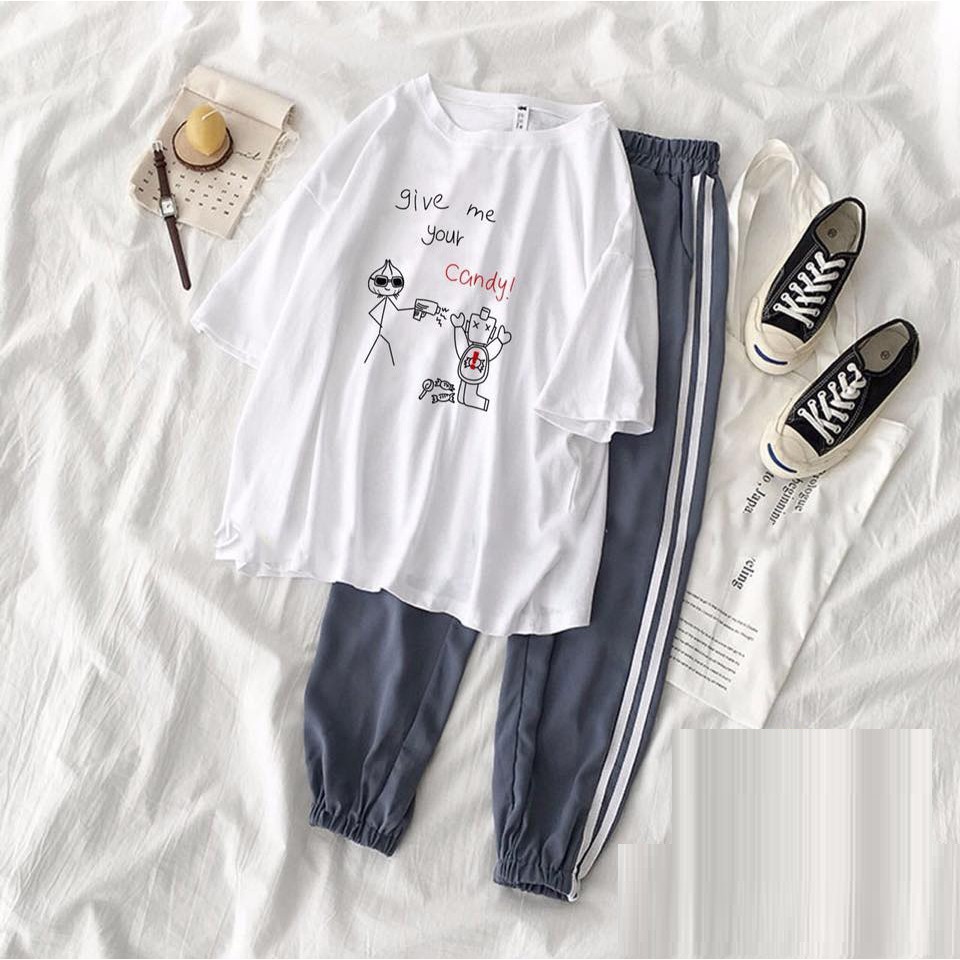 [HAN HAN SHOP 144] Sét Bộ Quần Áo Nữ Mùa Hè, Mặc Ở Nhà, Áo Phông Cotton Mát Mịn In Cún Tiền Kèm Quần Thun Sọc Bo Gấu