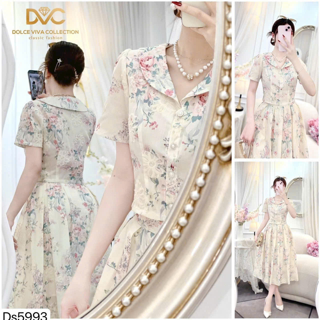  Set váy thời trang Nữ chất lụa cao cấp in hoa nhí áo cổ bẻ tay phồng thanh lịch mix váy dài qua gối xòe nhẹ tươi trẻ 